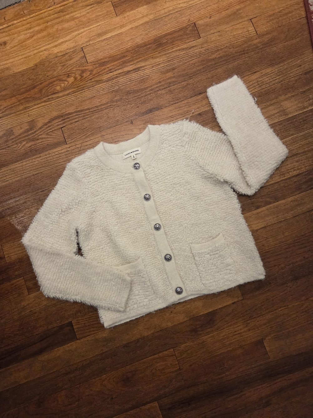 Lucky Brand Cream Fuzzy Button-Front Cardigan